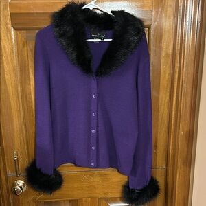 Carole Little Deep Purple Cardigan with Black Faux Fur